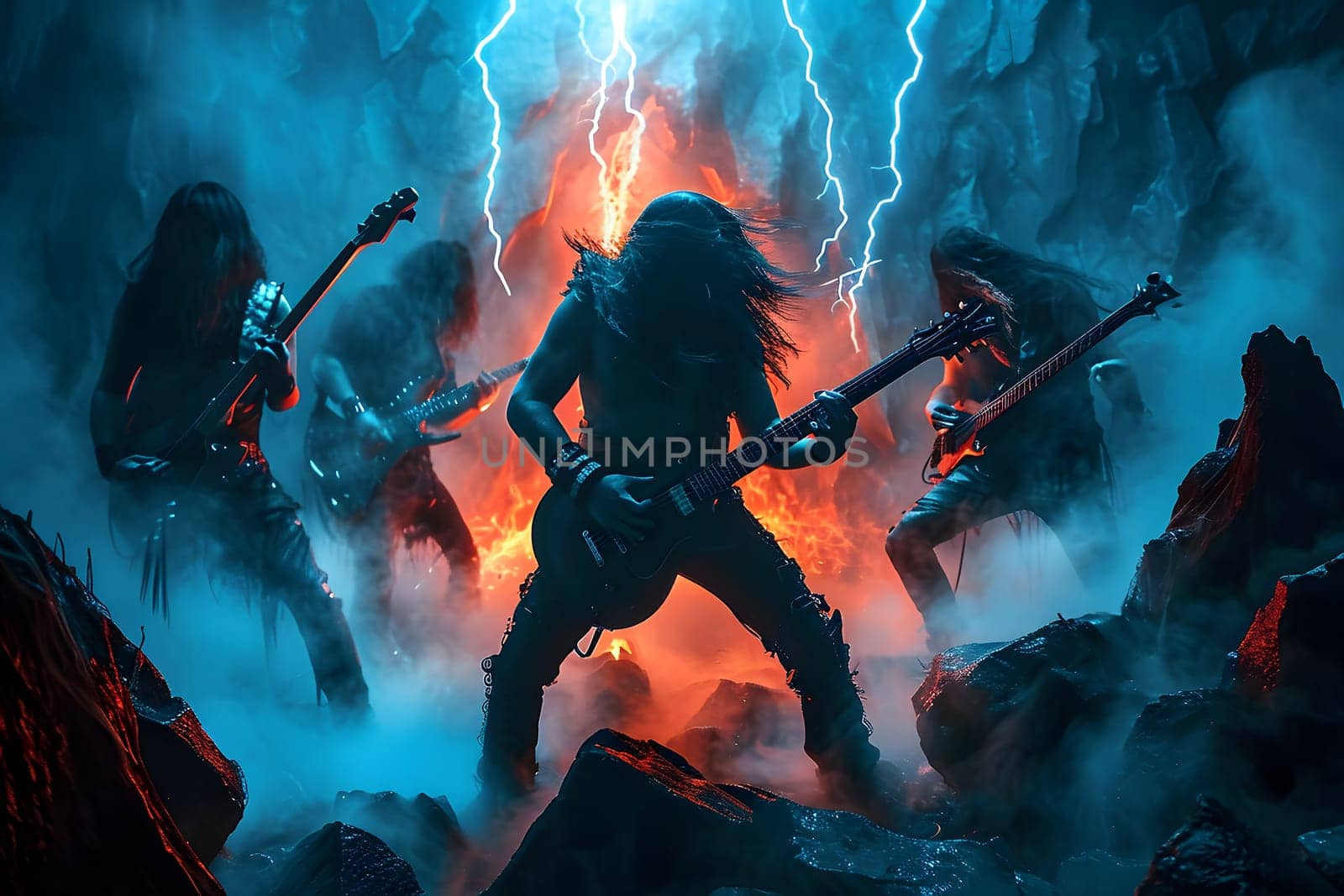 hellish heavy metal rock musicians band with electric guitars in a rock world by z1b