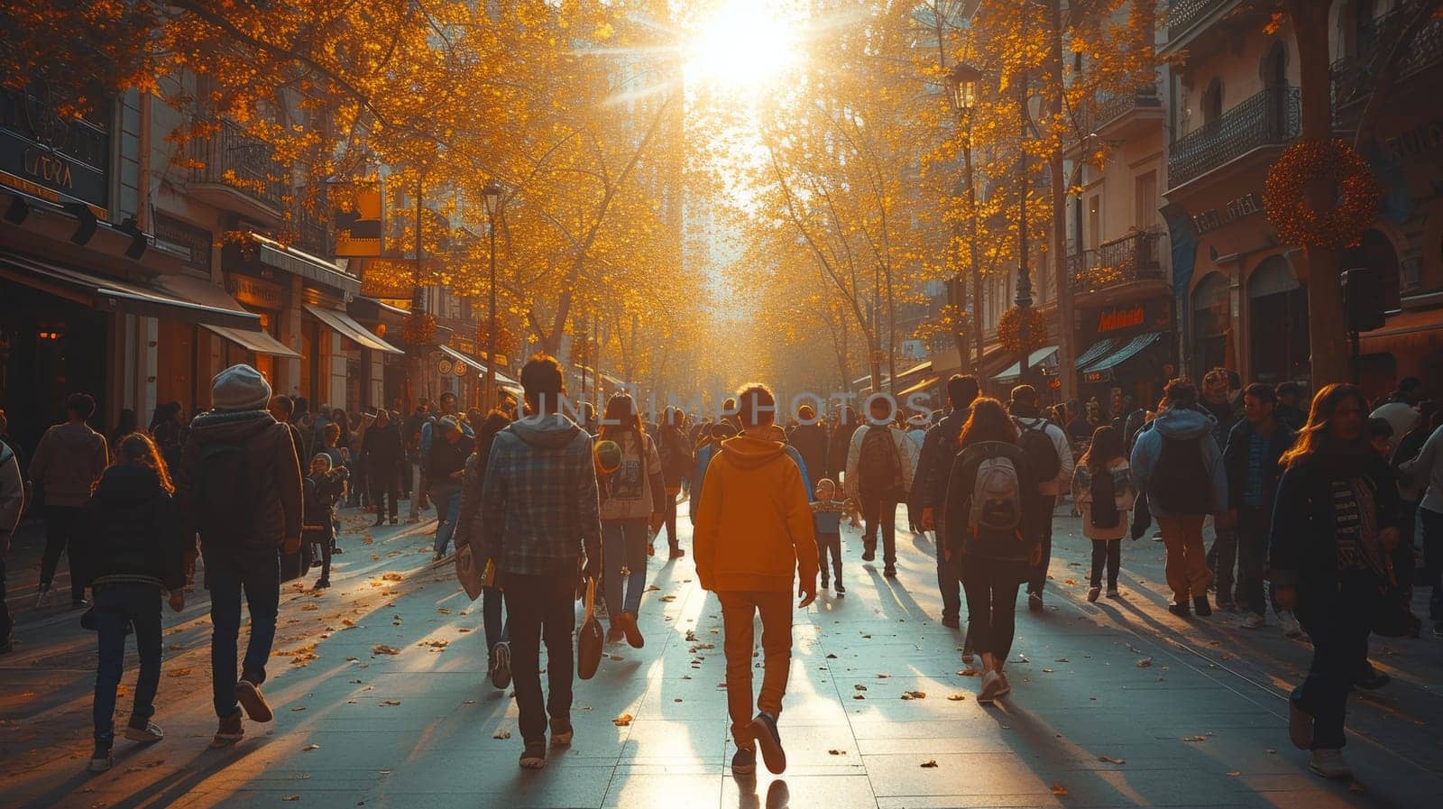 A teenage young man and a family with a little child walk on a pedestrian street walkway. (Aerial photograph of an urban city)