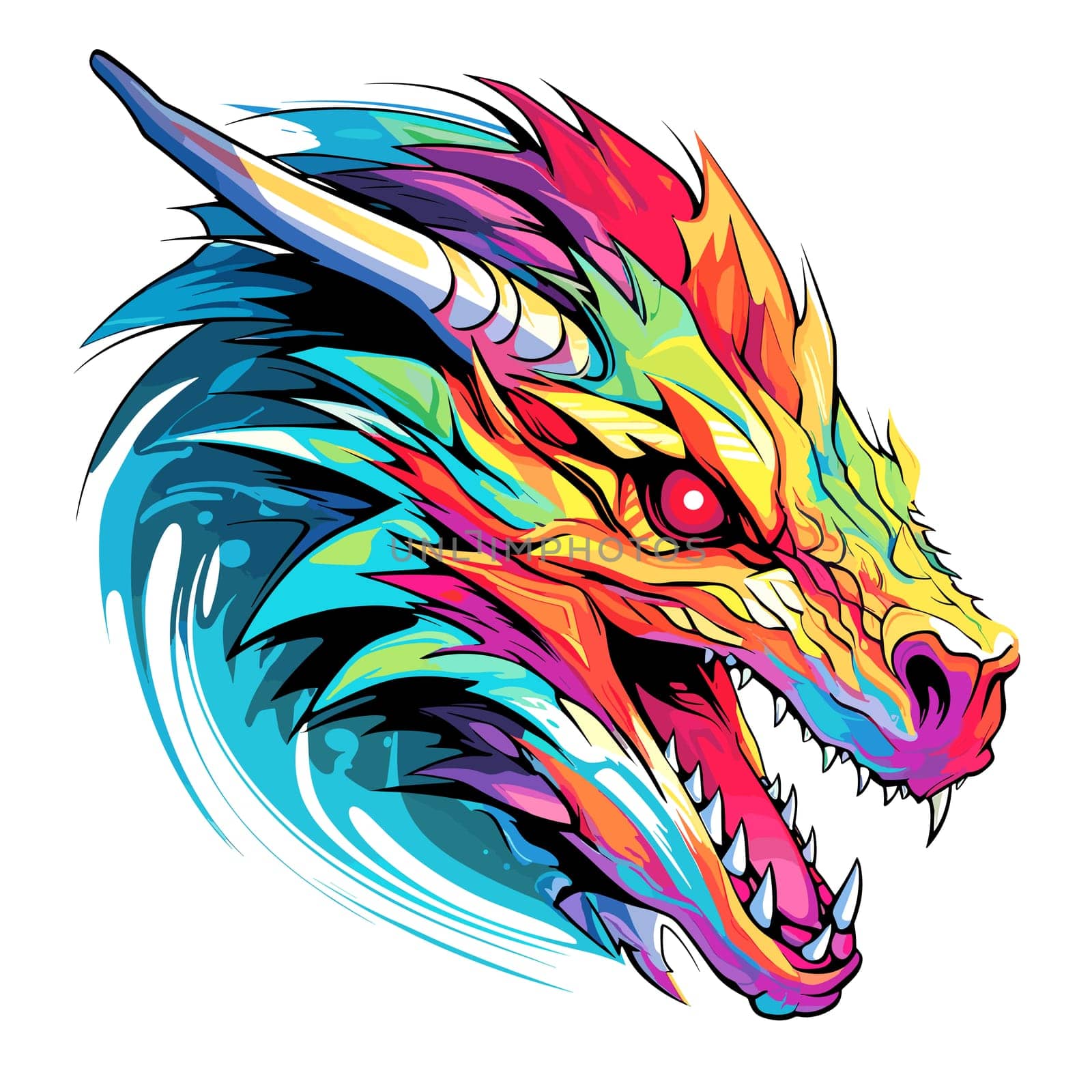 Portrait of a fairy dragon in psychedelic vector pop art style. Mythological creature in bright colours. Template for t-shirt print, poster, sticker, etc.