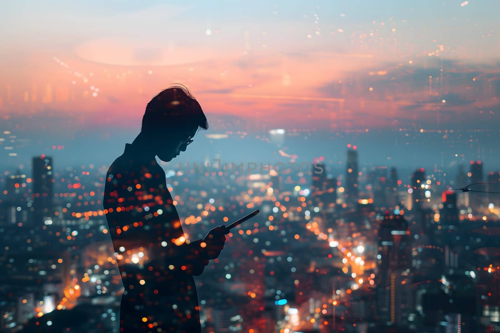 Double exposure of business and a city - Asian businessman using a digital tablet superimposed on a city skyline. Neural network generated image. Not based on any actual person or scene.