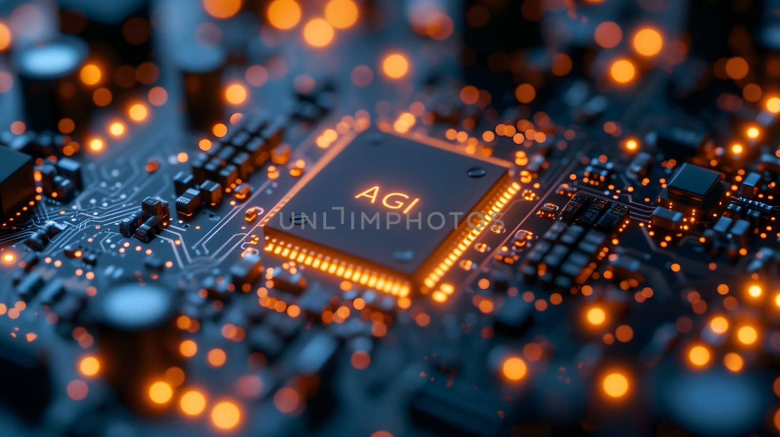 AGI - artificial general intelligence - microchip on black circuit board with orange glow, dedicated AI hardware concept. Neural network generated image. Not based on any actual scene or pattern.