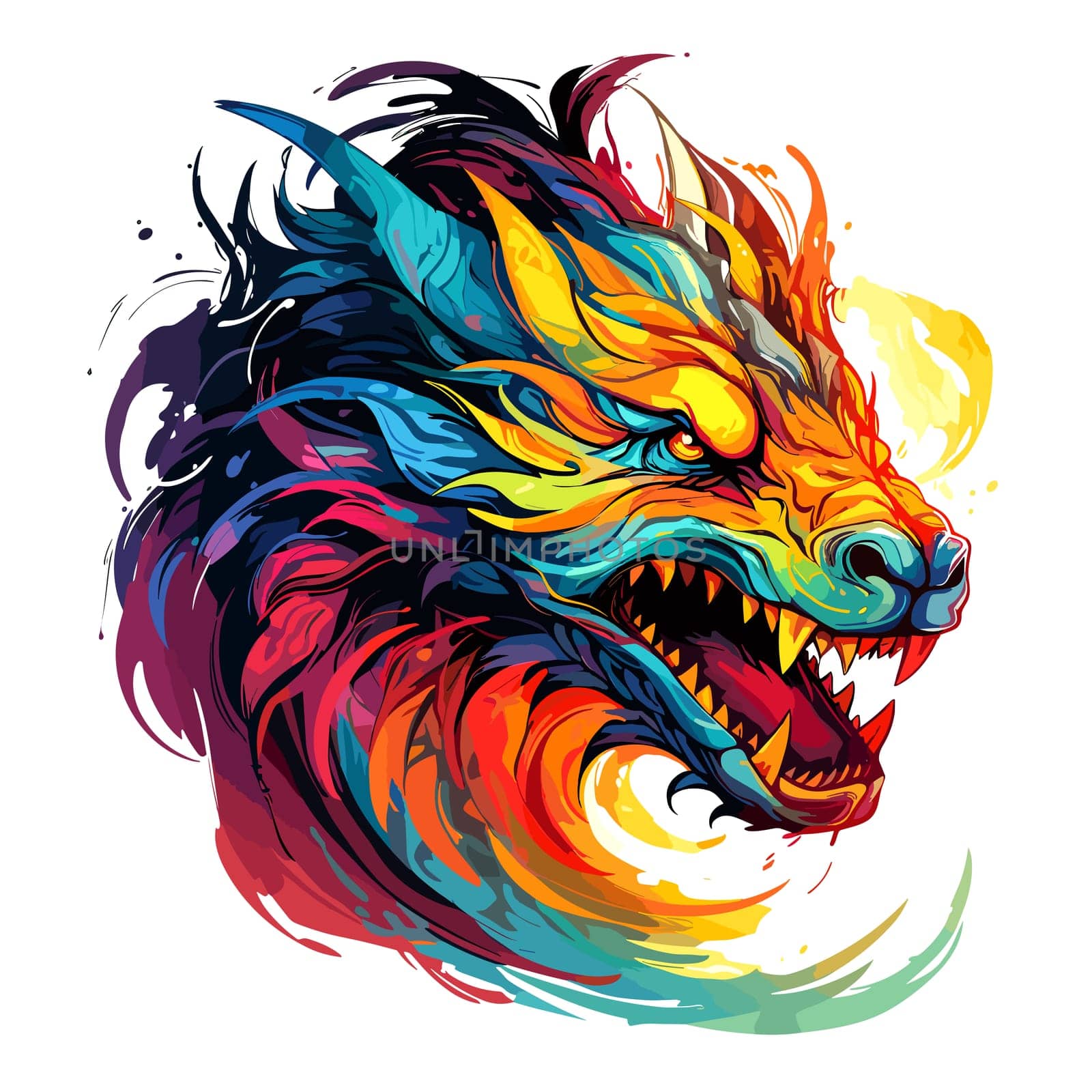 Portrait of a fairy dragon in psychedelic vector pop art style. Mythological creature in bright colours. Template for t-shirt print, poster, sticker, etc.