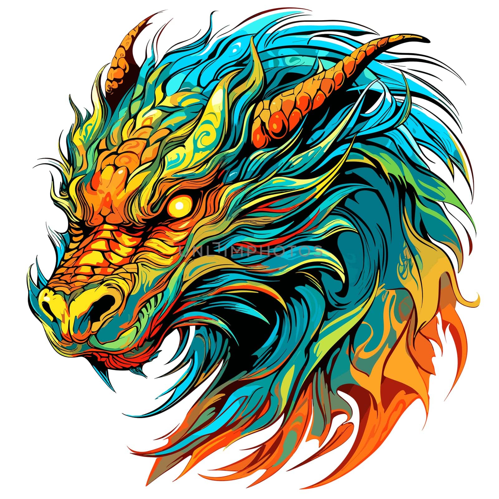 Portrait of a fairy dragon in psychedelic vector pop art style. Mythological creature in bright colours. Template for t-shirt print, poster, sticker, etc.