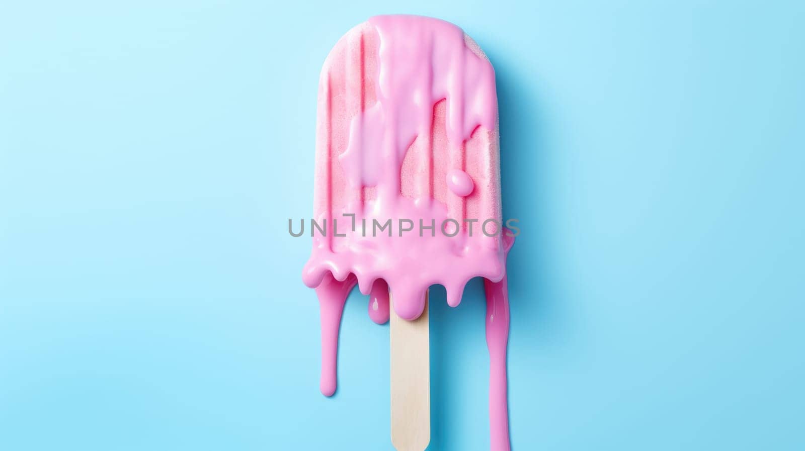 Pink stick ice cream melting on pastel blue background. Creative idea, minimal summer concept. AI