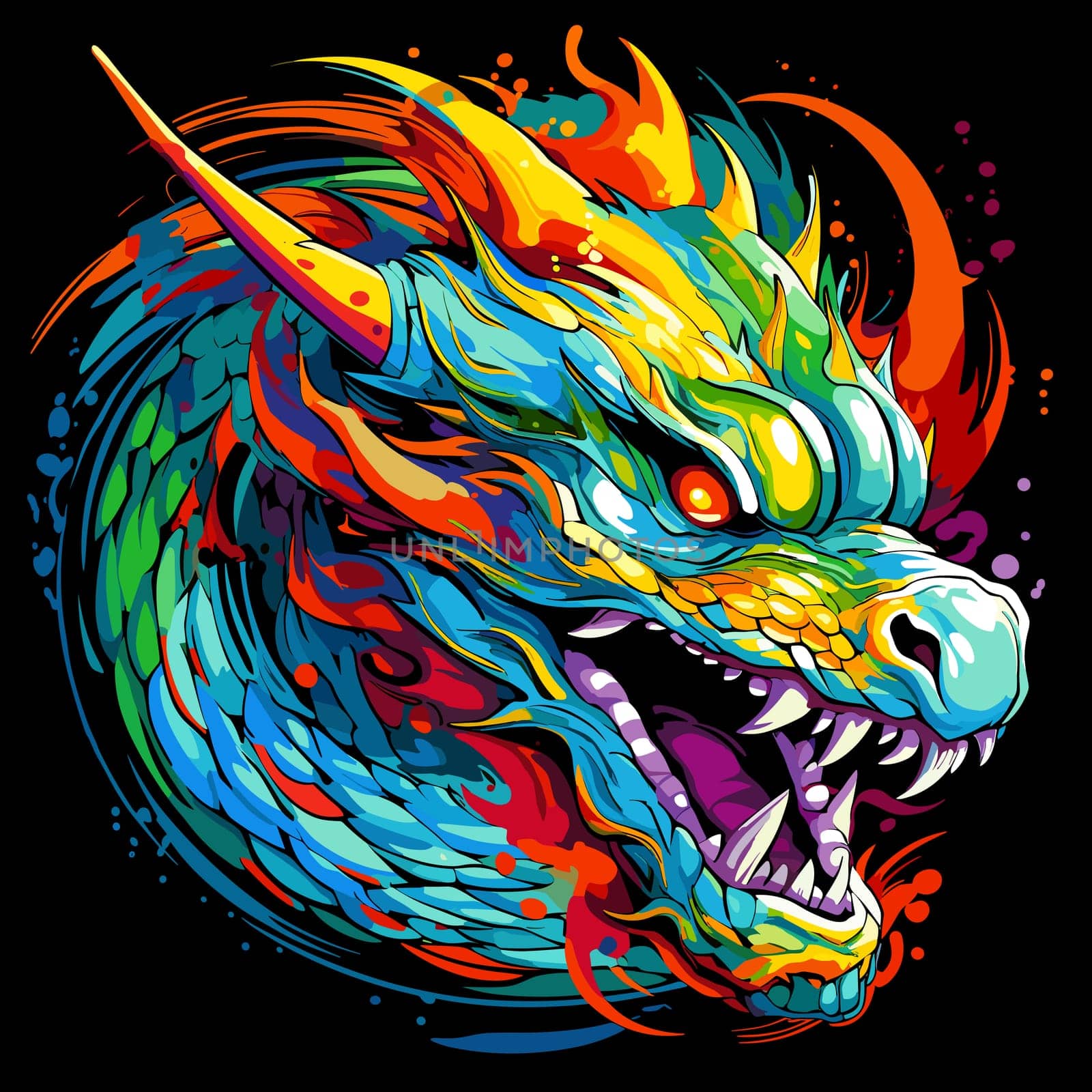 Portrait of a fairy dragon in psychedelic vector pop art style. Mythological creature in bright colours. Template for t-shirt print, poster, sticker, etc.