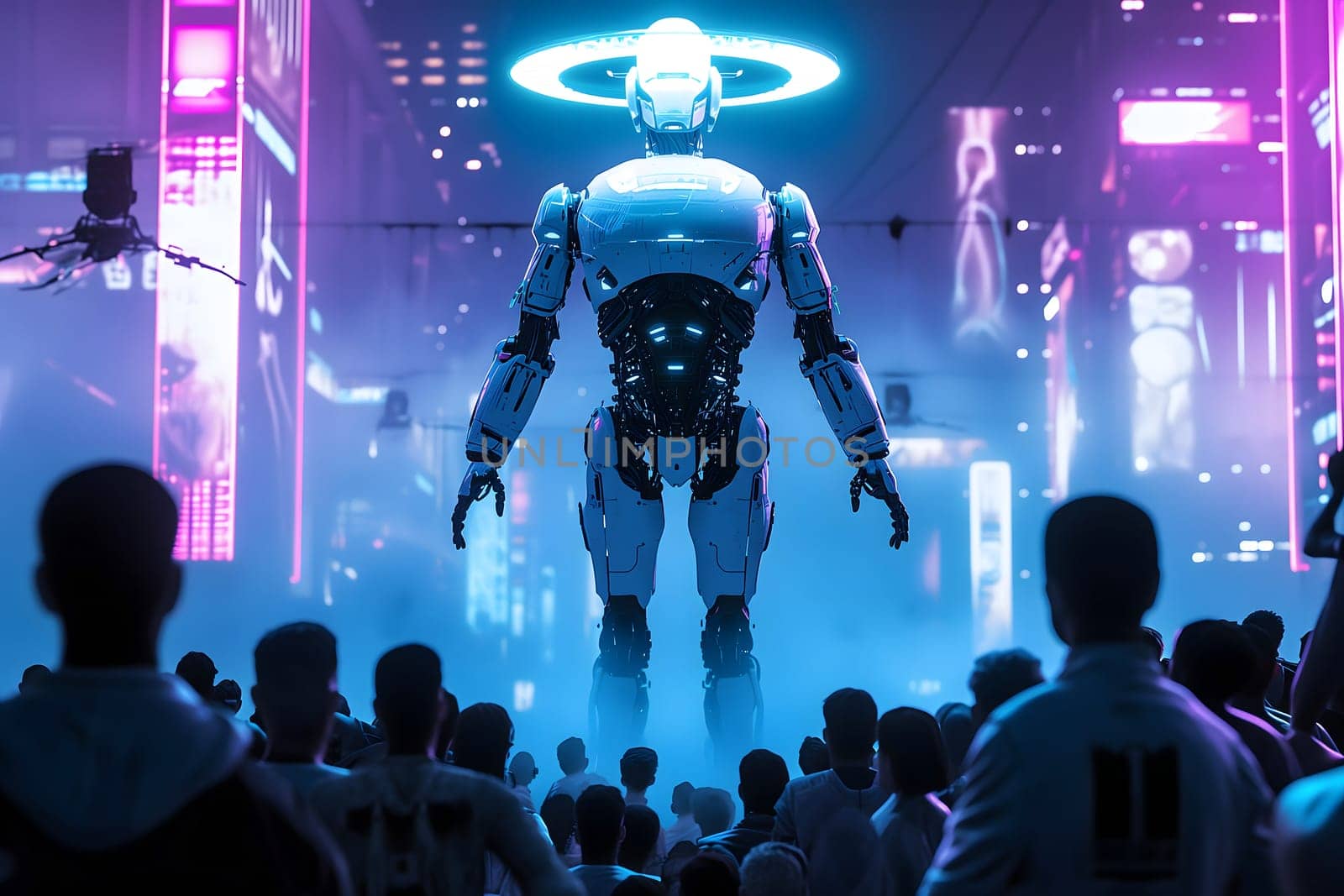 Cyber god in front of their adepts for artificial super intelligence encounter. Neural network generated image. Not based on any actual person or scene.