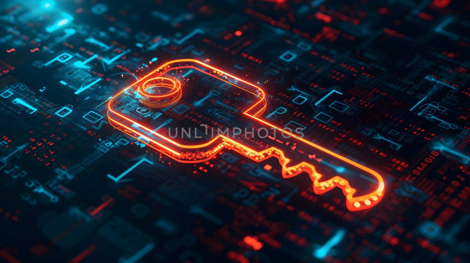 Orange holographic key icon on flat glowing futuristic circuit board background. Neural network generated image. Not based on any actual person or scene.