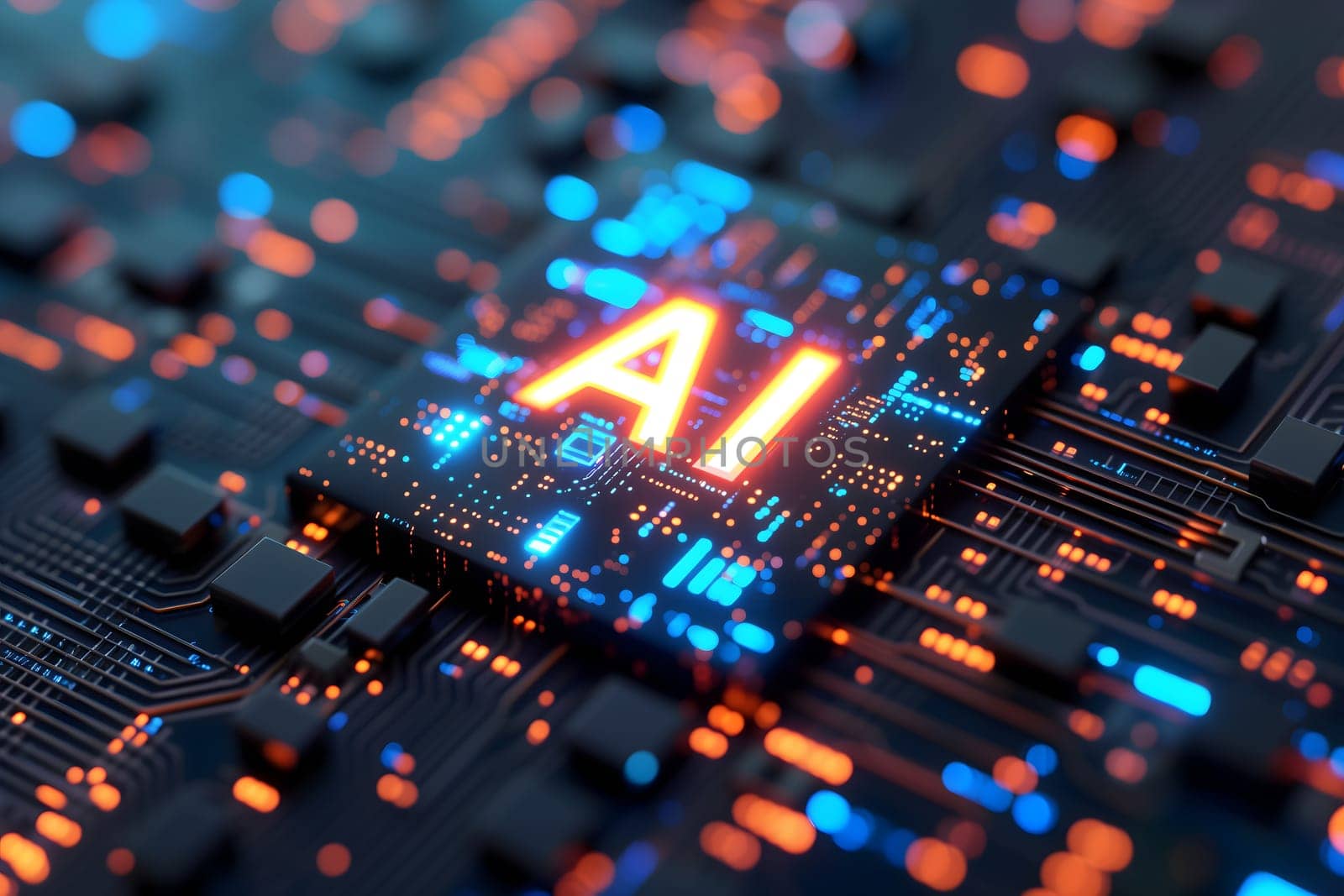 word AI - artificial intelligence circuit board with blue and orange glow, dedicated AI hardware concept