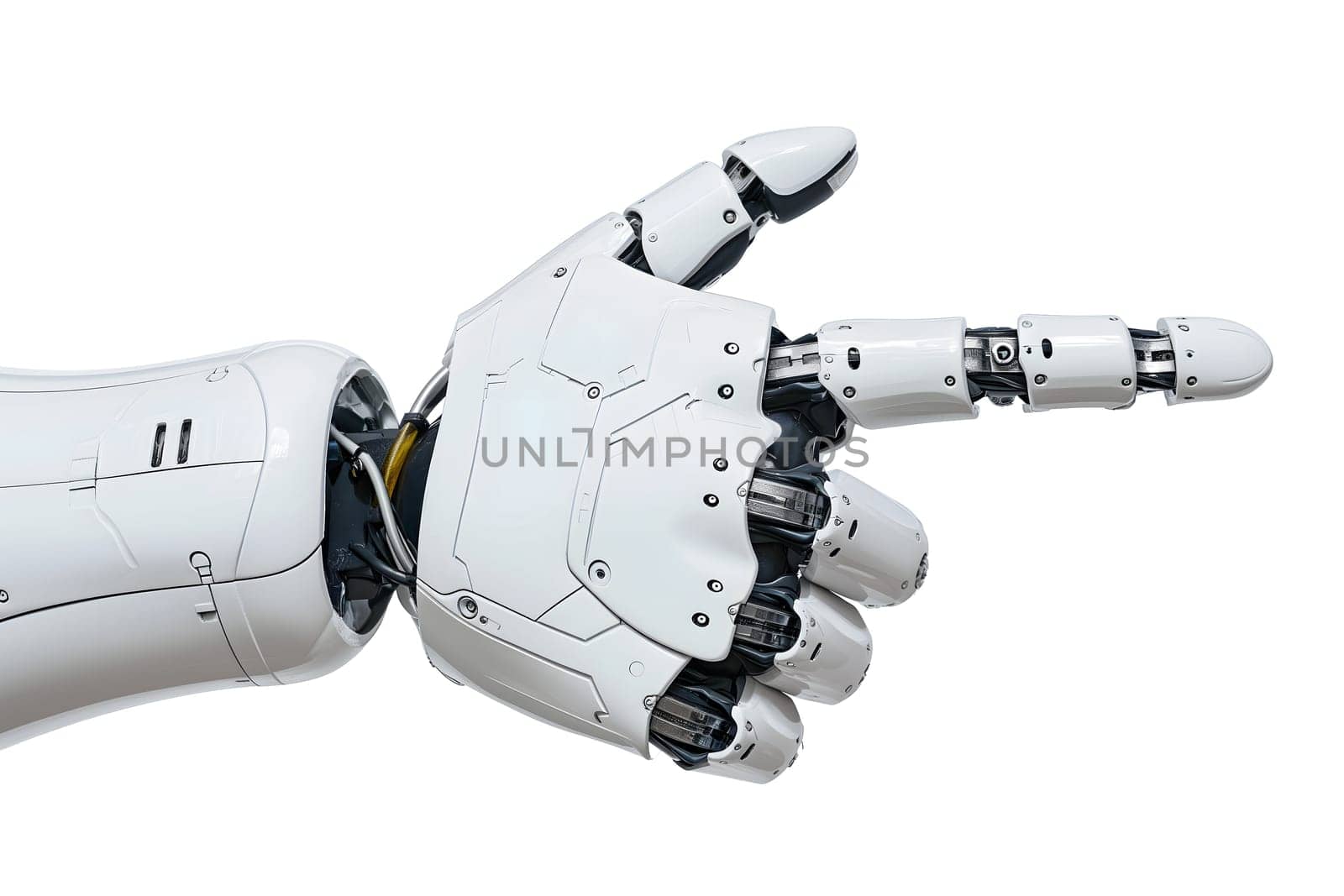Robot hand with pointing finger gesture closeup on white background by z1b