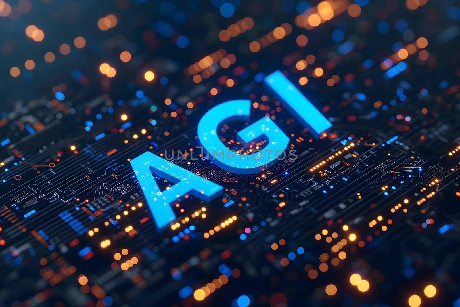 AGI - artificial general intelligence - word on circuit board with blue and orange glow by z1b