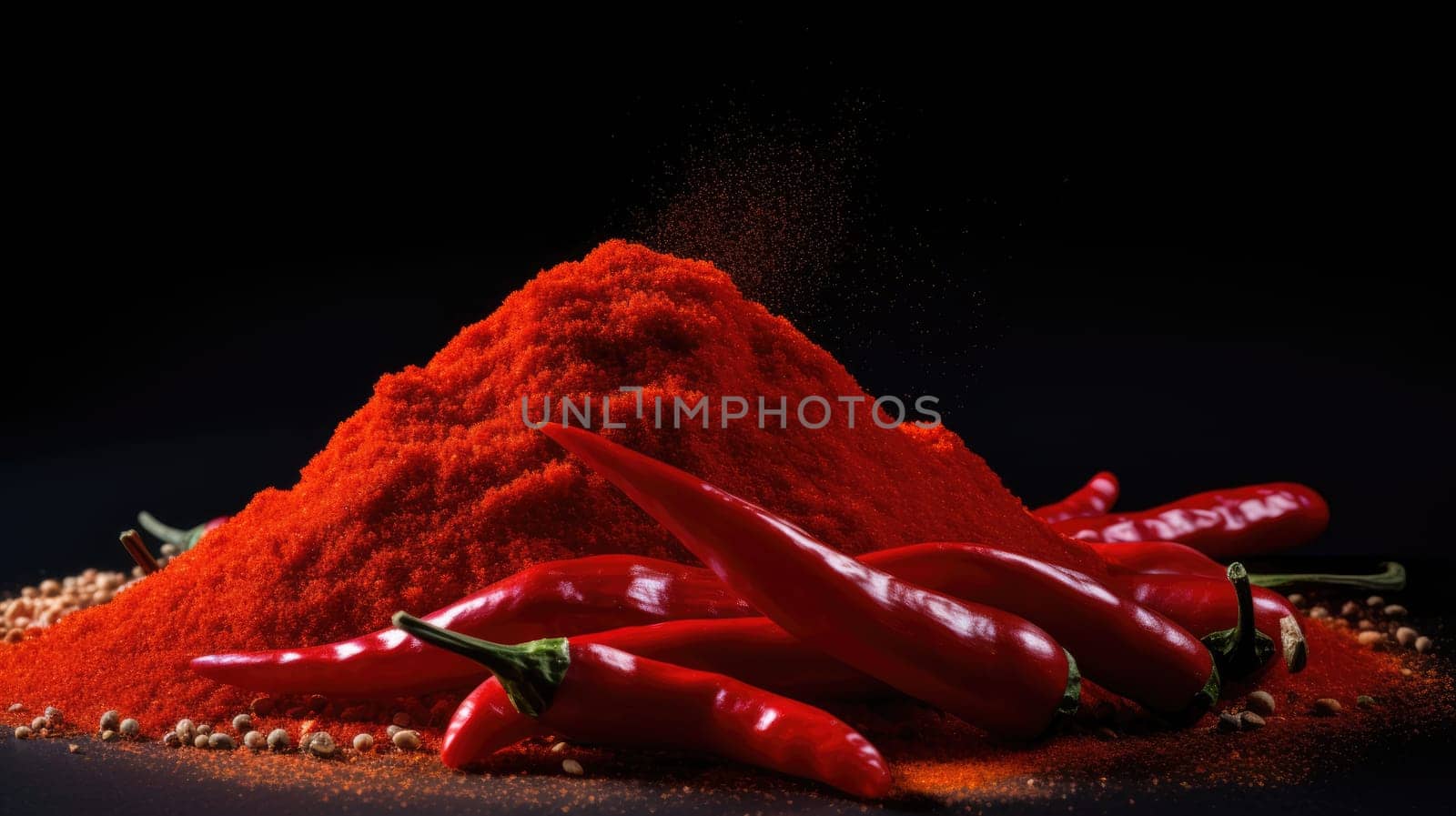 Red hot chili peppers and powder on black background AI