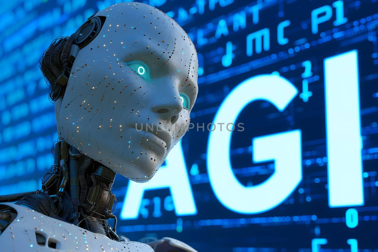 Android head on abstract cybernetic data background with word AGI for Artificial General Intelligence. Neural network generated image. Not based on any actual person or scene.