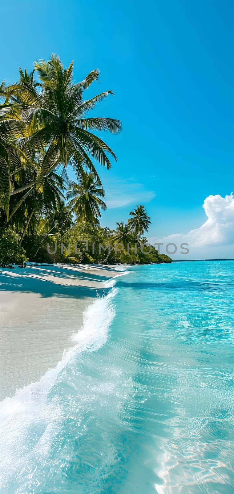 tropical beach view at sunny day with white sand, turquoise water and palm tree. Neural network generated image. Not based on any actual scene or pattern.