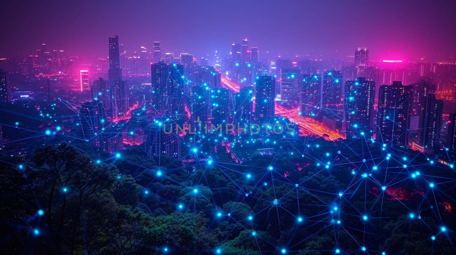 A modern city with wireless network connection and a cityscape concept. Wireless network and connection technology concept with a night-time city backdrop.