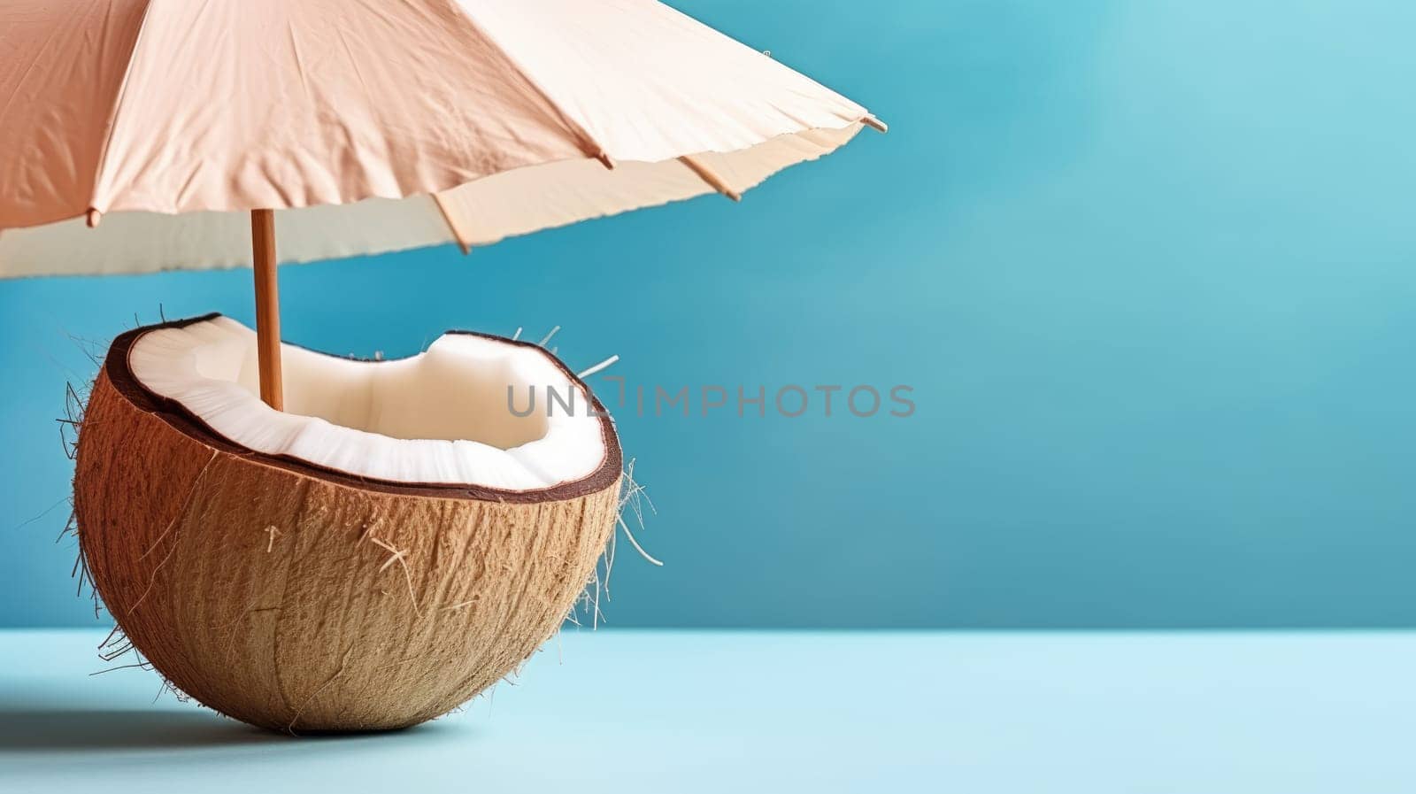 Tropical beach concept. Coconut fruit and sun umbrella. Creative minimal summer idea AI