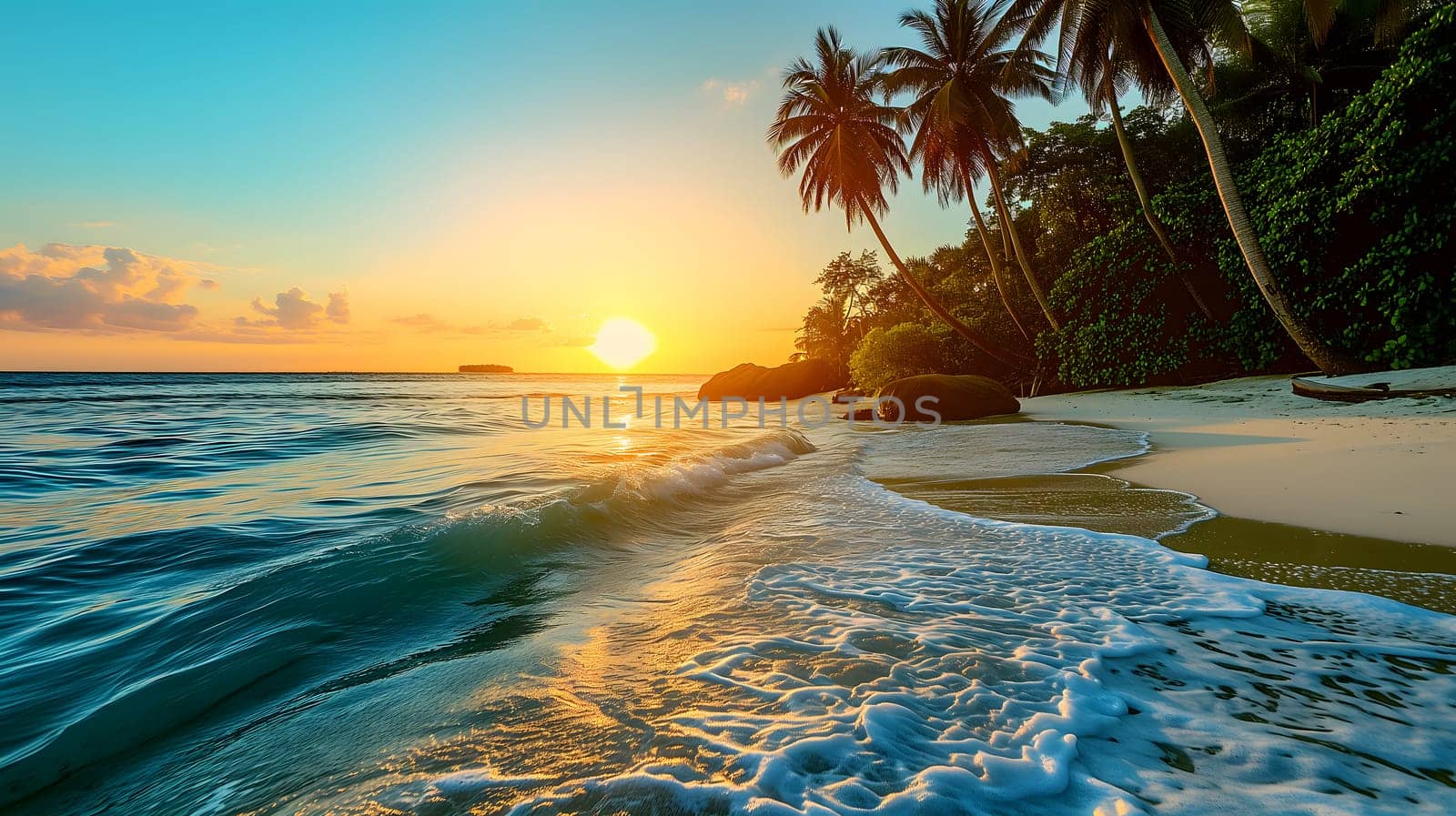 tropical beach view at sunset or sunrise with white sand, turquoise water and palm trees. Neural network generated image. Not based on any actual scene or pattern.