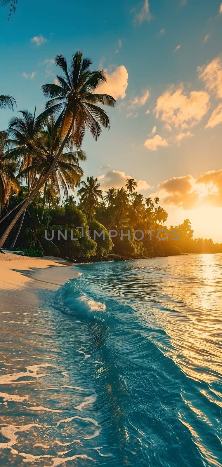 tropical beach view at sunset or sunrise with white sand, turquoise water and palm trees. Neural network generated image. Not based on any actual scene or pattern.