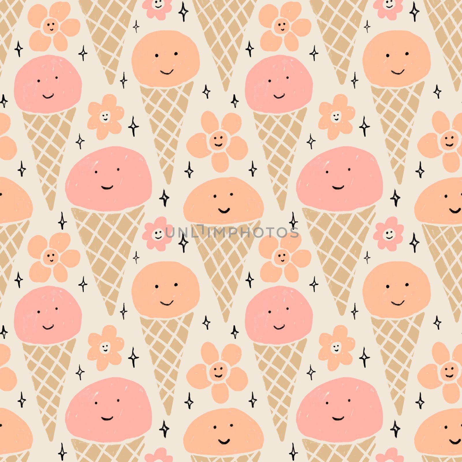 Hand drawn seamless pattern of ice cream with cute funny faces, retro vintage style. Pink yellow round shape with chocolate, sweet tasty summer holiday food, children kids art. by Lagmar