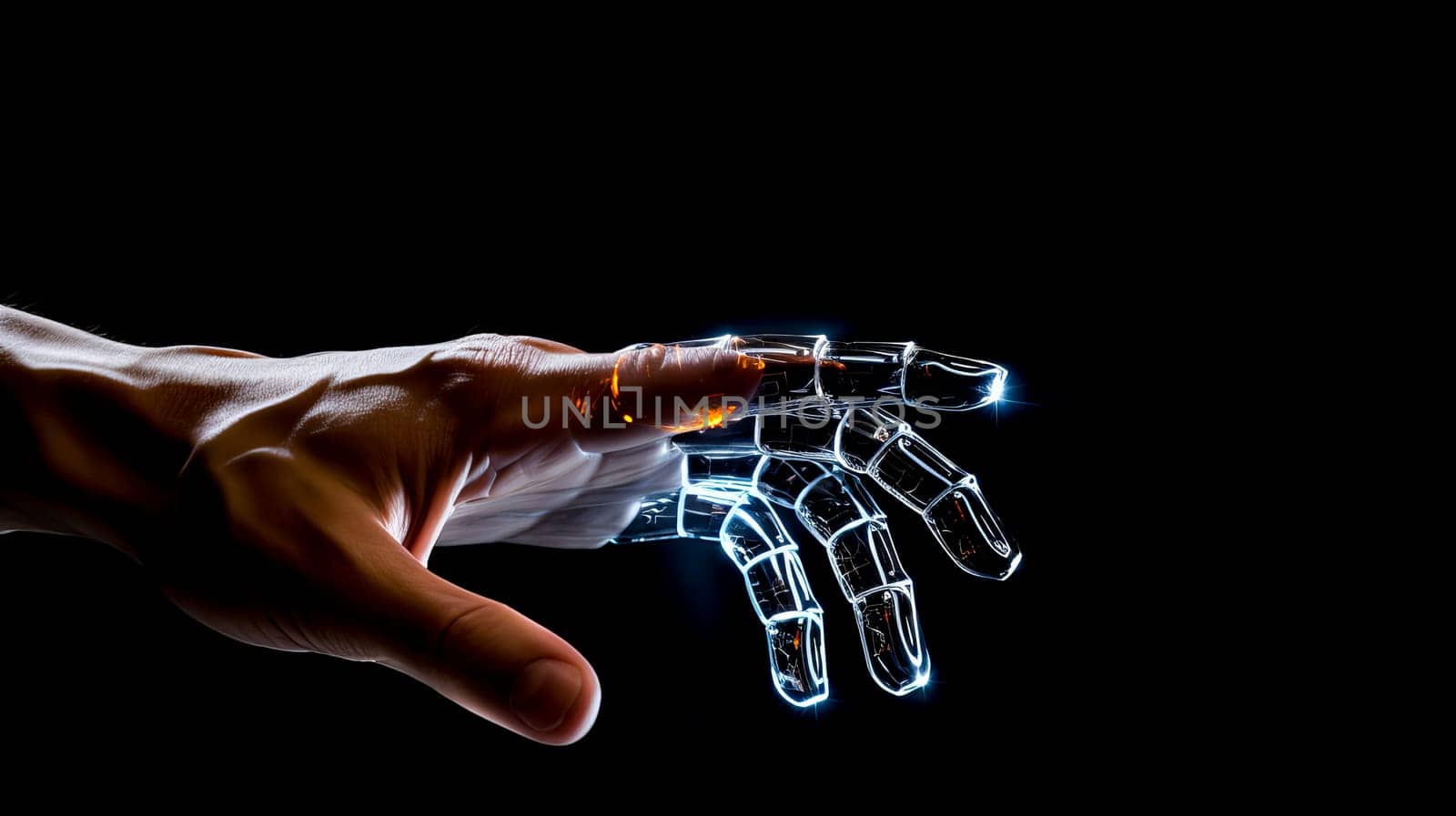 Hand of a cyborg robot with artificial intelligence on a black background. Integration of technology and human interaction. Chat bot