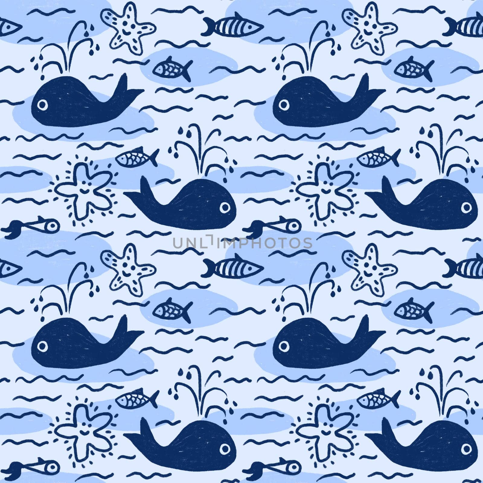 Hand drawn seamless pattern with blue whales waves sea ocea. Cute funny print for kids children nursery design, zoo wildlife simple minimalist fabric for boys, mammal fish water art. by Lagmar