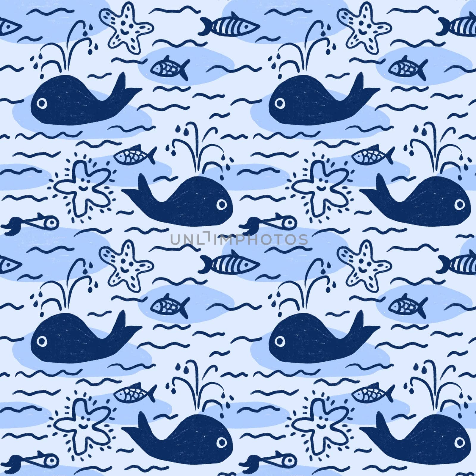 Hand drawn seamless pattern with blue whales waves sea ocea. Cute funny print for kids children nursery design, zoo wildlife simple minimalist fabric for boys, mammal fish water art