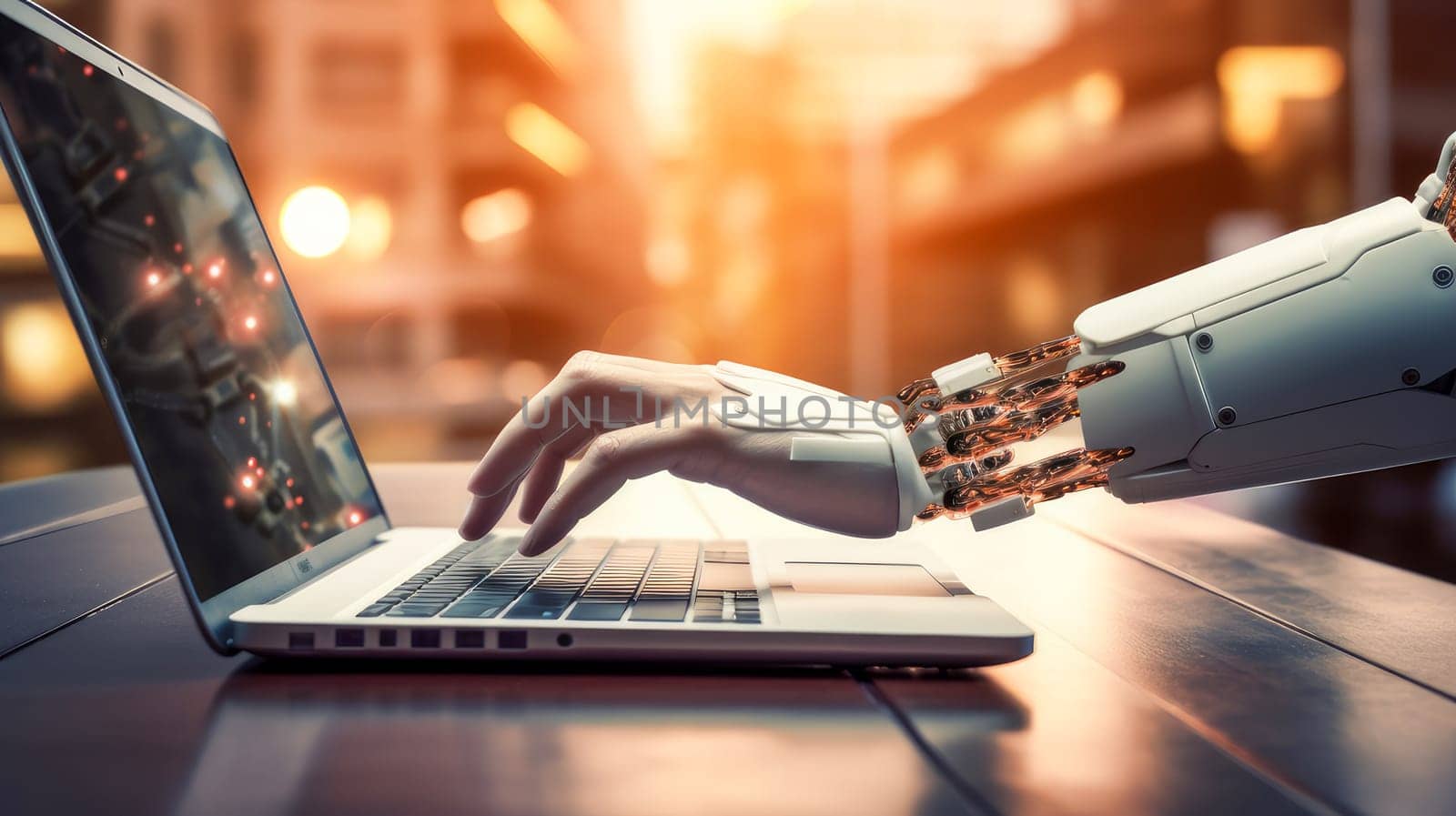 Cyborg robot hand businessman on laptop keyboard by Alla_Yurtayeva