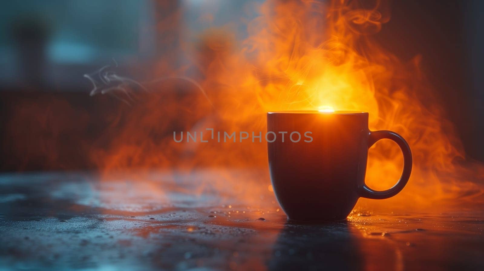 A coffee cup with flames emanating from it sits on a table, surrounded by other tableware. The heat from the flames warms the drink inside the cup