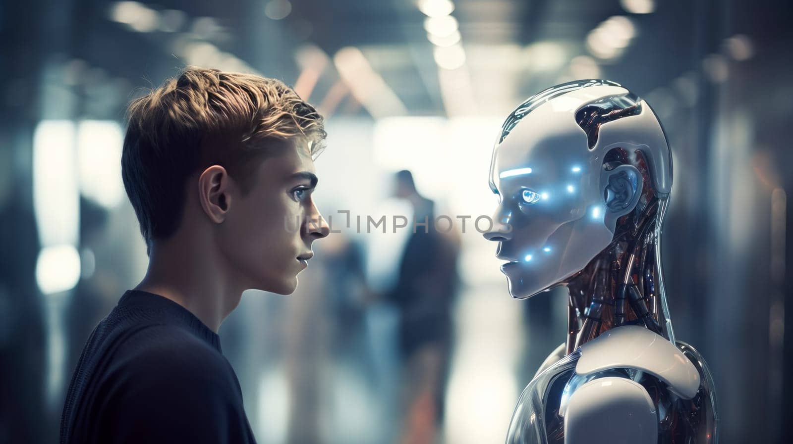 Robot cyborg and man talk and communicate with artificial intelligence, future technology. Internet and digital technologies. Global network. Integrating technology and human interaction. Chat bot. Digital technologies of the future