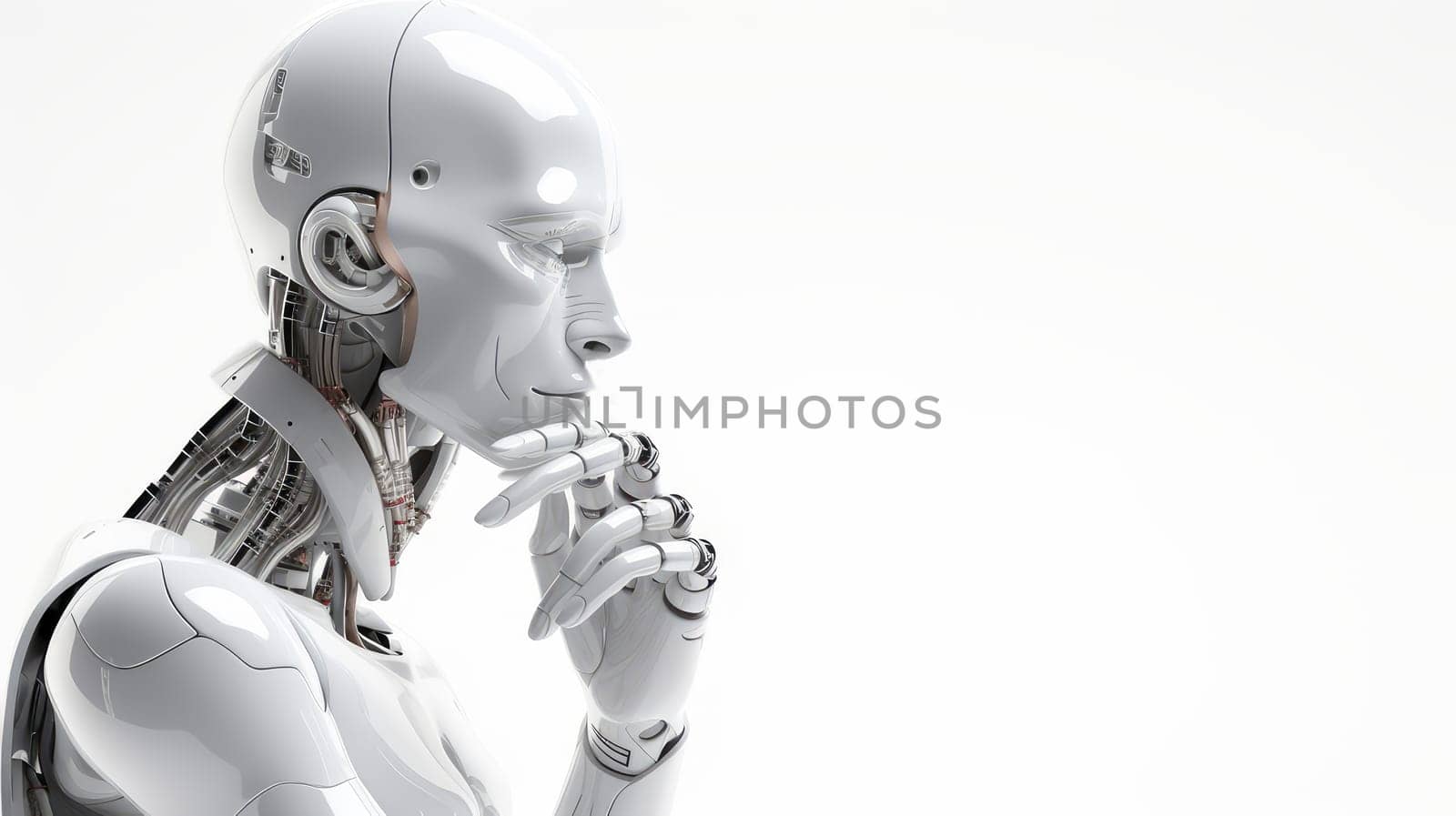 White robot with artificial intelligence on a white background, future technology. Internet and digital technologies. Global network. Integrating technology and human interaction. Chat bot. Digital technologies of the future
