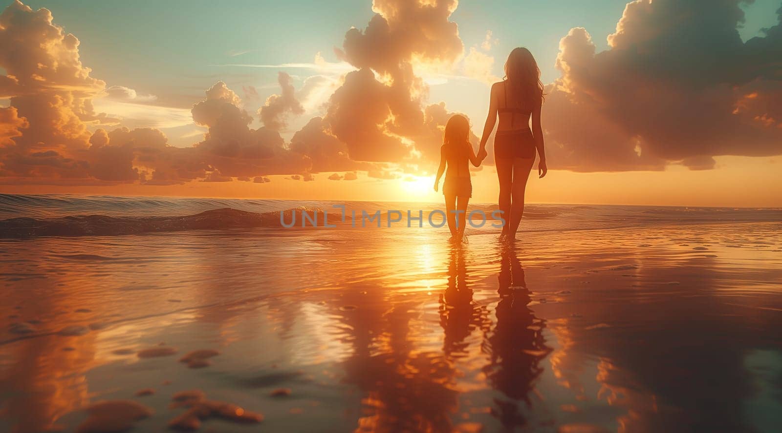 A mother and child walk along the beach under the colorful sky, their hands connected as the sun sets behind them, casting a warm afterglow over the water