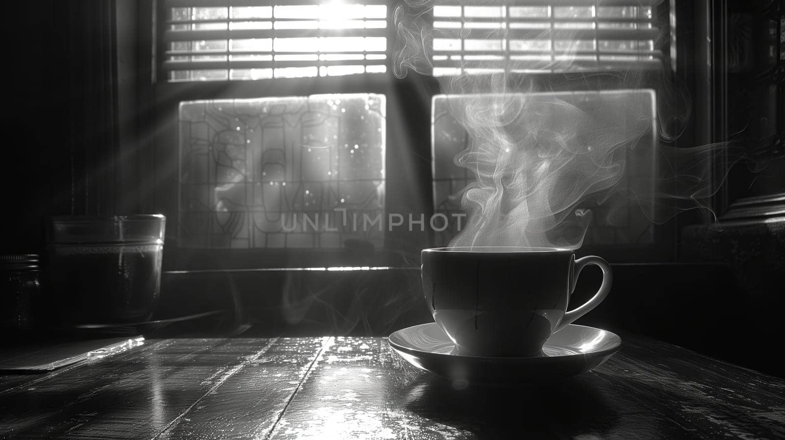 A blackandwhite photo of a cup of steaming coffee on a wooden table by a window, showcasing a stylish display of drinkware and serveware