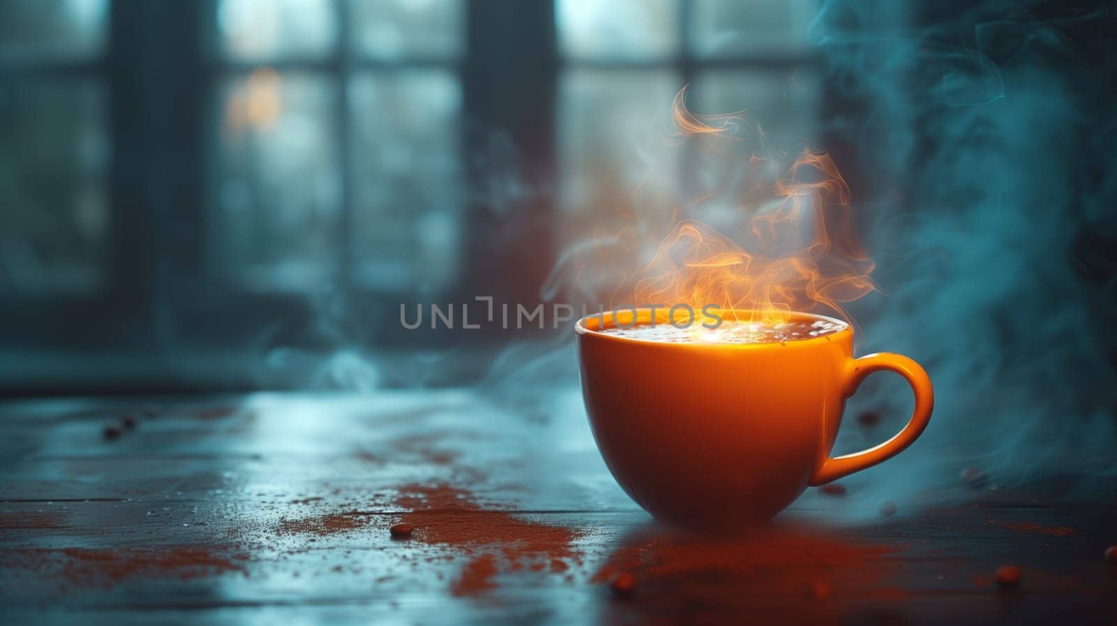A cup of hot coffee is placed on a wooden table, with the steam rising from the liquid. The drinkware is surrounded by tableware and serveware