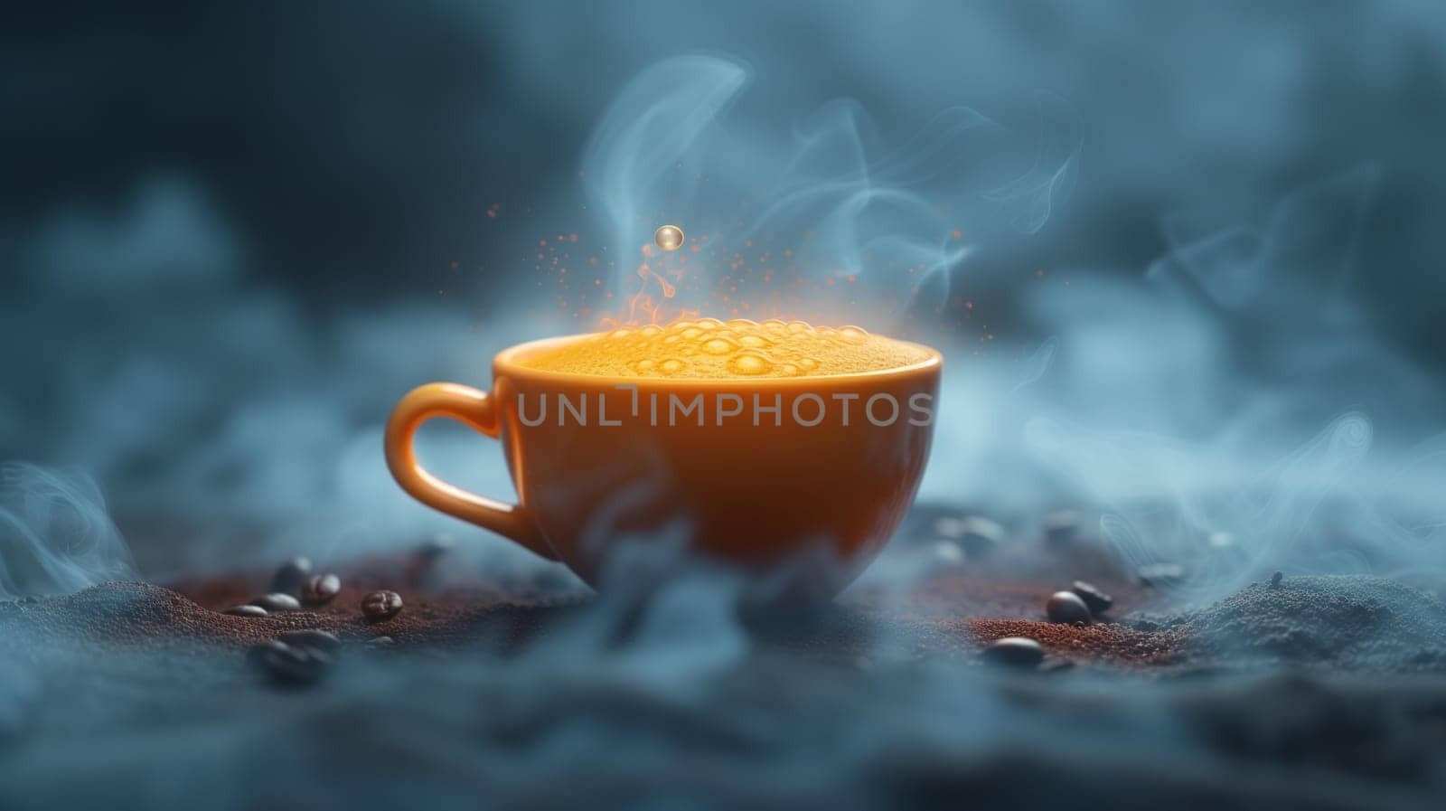 A steaming cup of coffee sits on a table, surrounded by the aroma of fresh coffee beans and wisps of smoke
