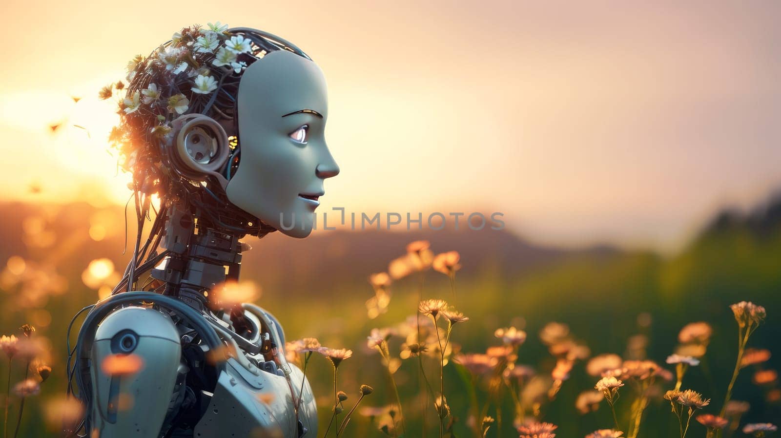 A happy smiling robot with artificial intelligence walks through a meadow of blooming flowers on a sunny day, future technology. Internet and digital technologies. Global network. Integrating technology and human interaction. Digital technologies of the future