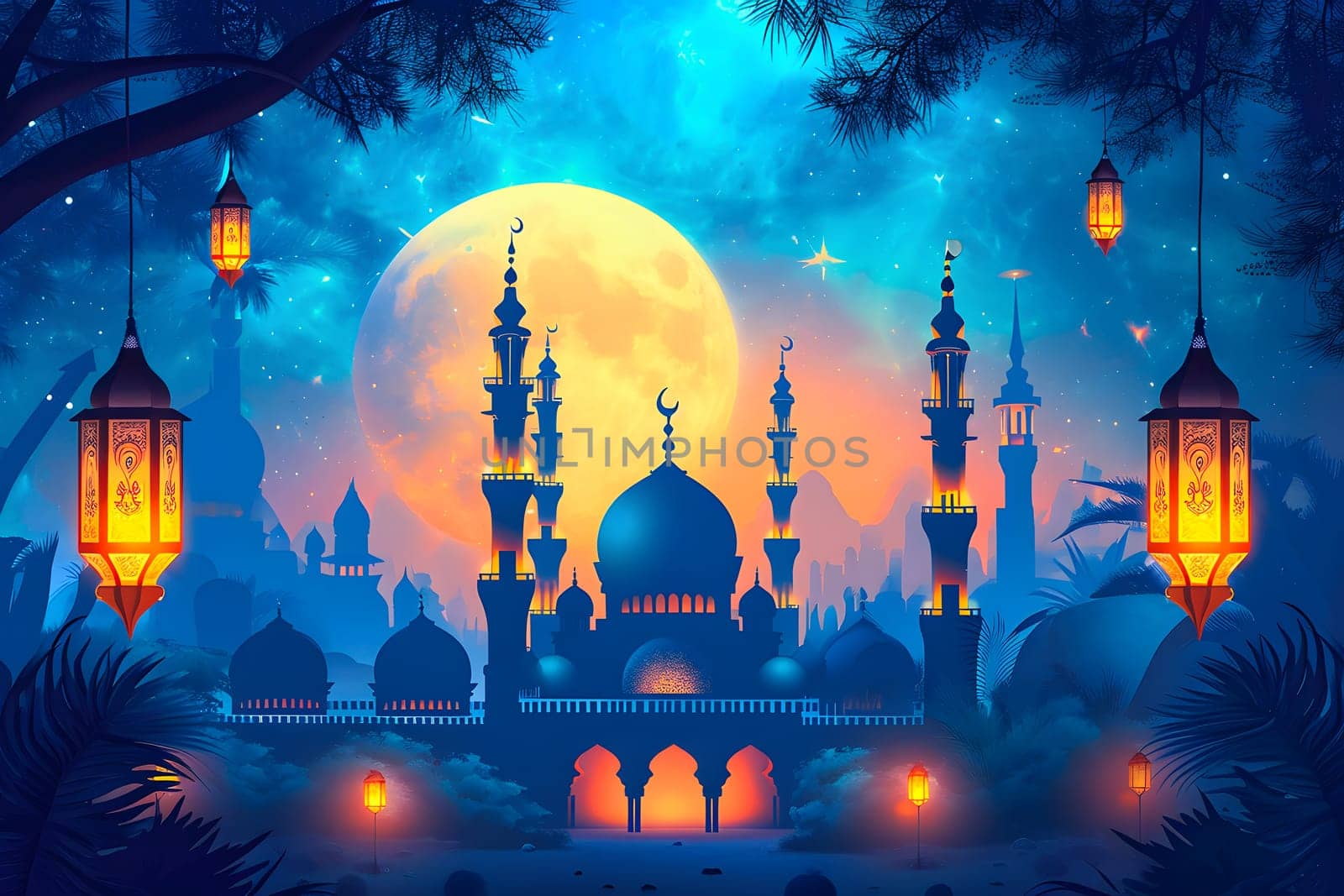 fanous Ramadan lanterns at night with mosque in the background. Neural network generated in January 2024. Not based on any actual scene or pattern.