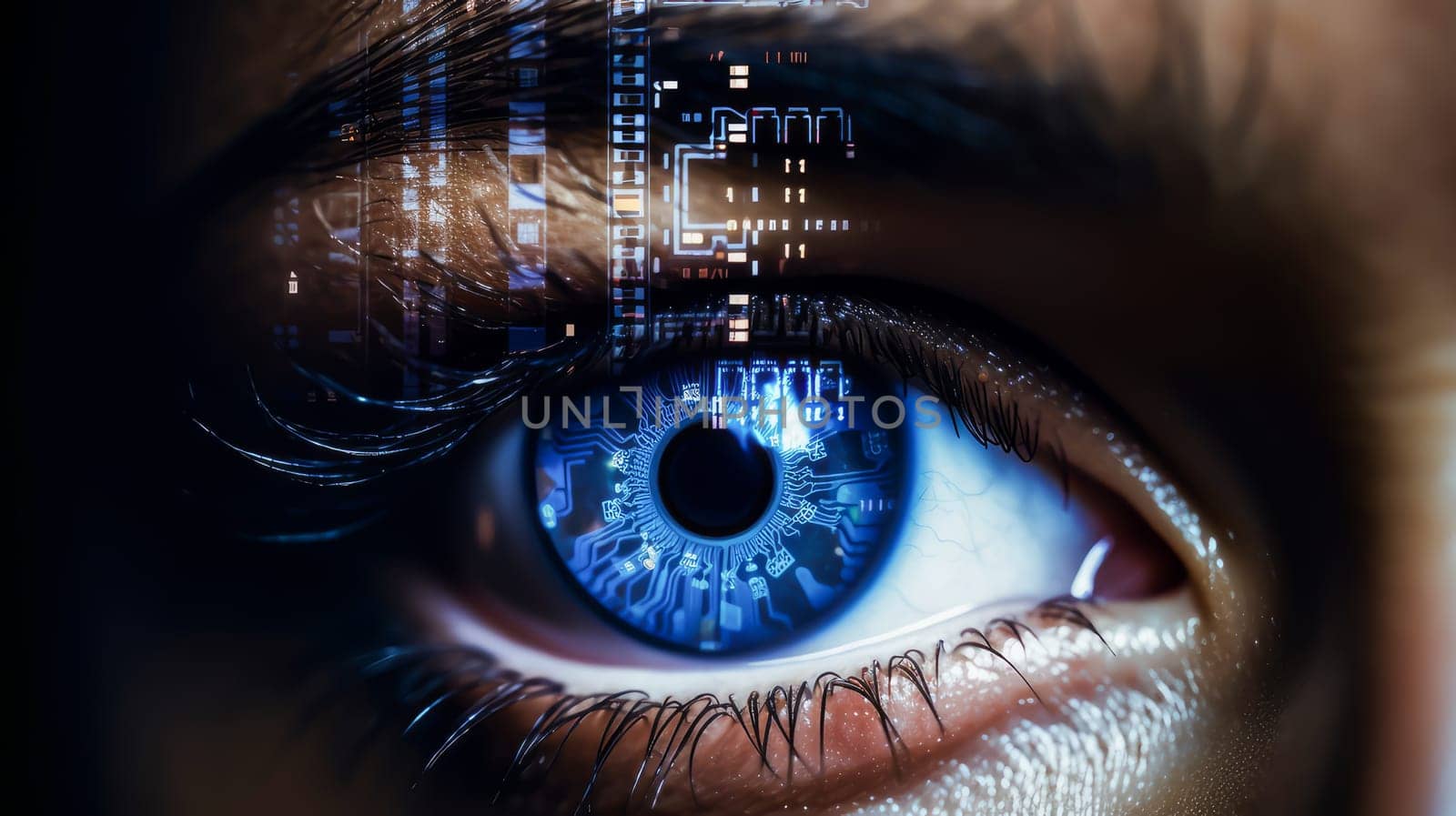 Female blue eye close up, computer vision improvement concept, observation. Binary code, symbolizing the futuristic synthesis of technology and artificial intelligence, revealing the matrix of CI and AI,