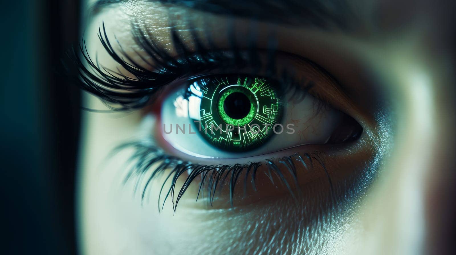 Female green eye close up, computer vision improvement concept, observation. Binary code, symbolizing the futuristic synthesis of technology and artificial intelligence, revealing the matrix of CI and AI,