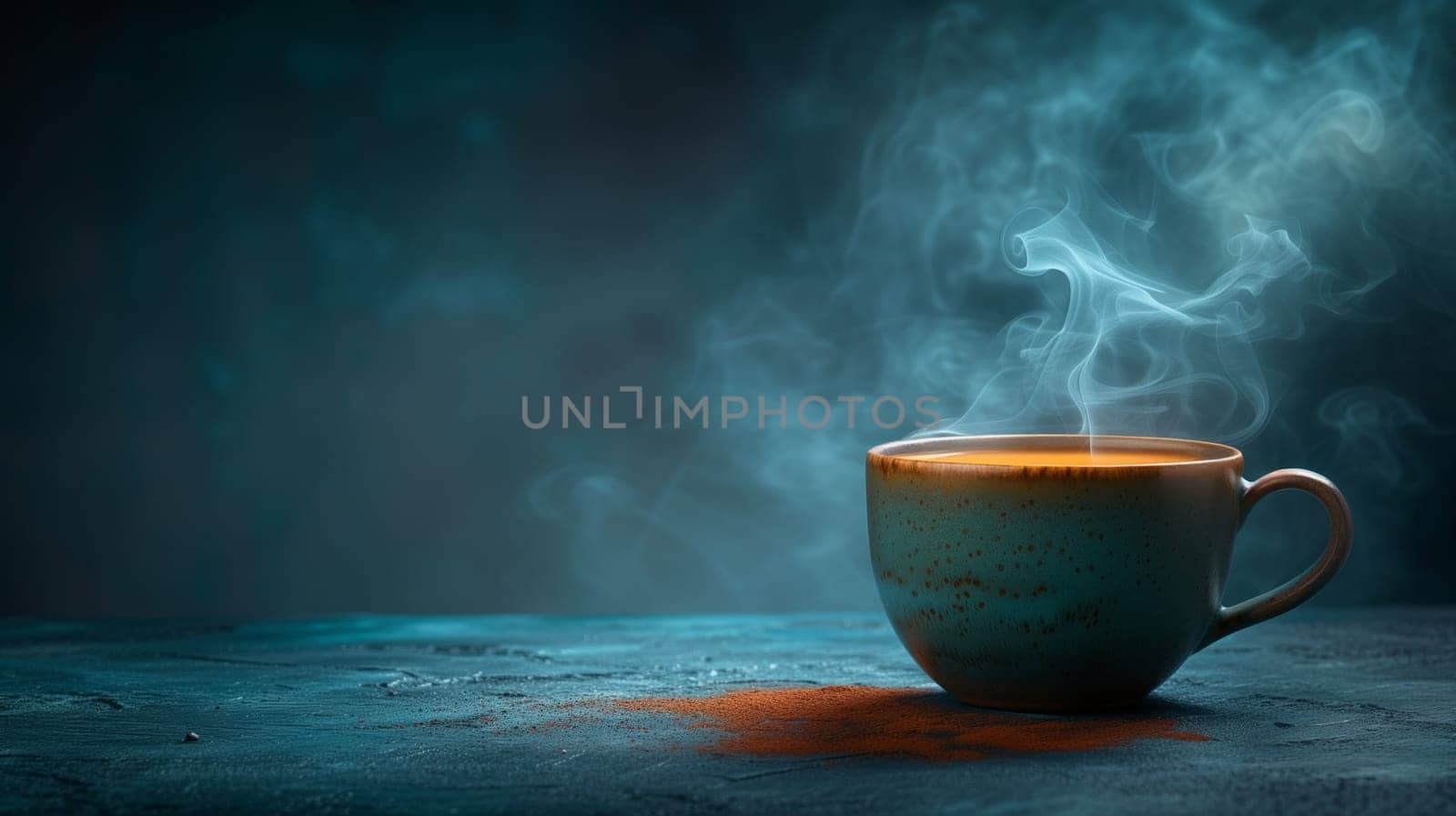 A steaming cup of coffee sits on a table, surrounded by sky blue tableware. The liquid inside the coffee cup is hot and inviting