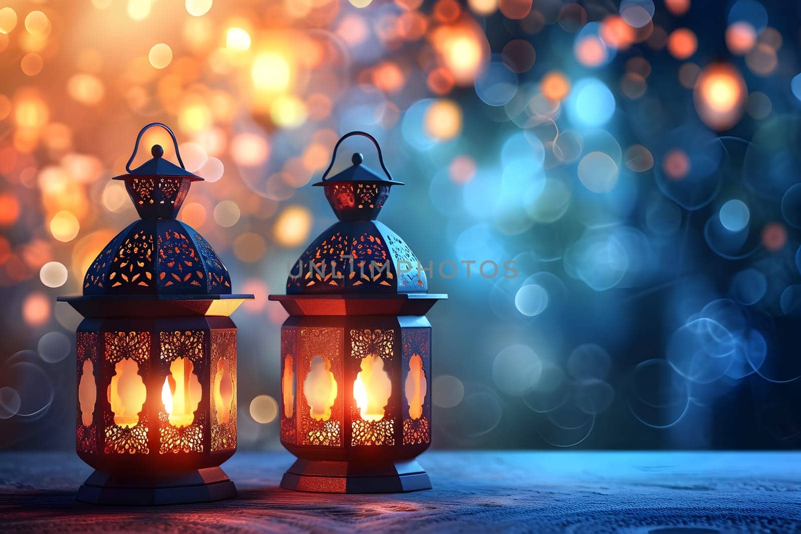 Fanous Ramadan lanterns at night. Neural network generated in January 2024. Not based on any actual scene or pattern.