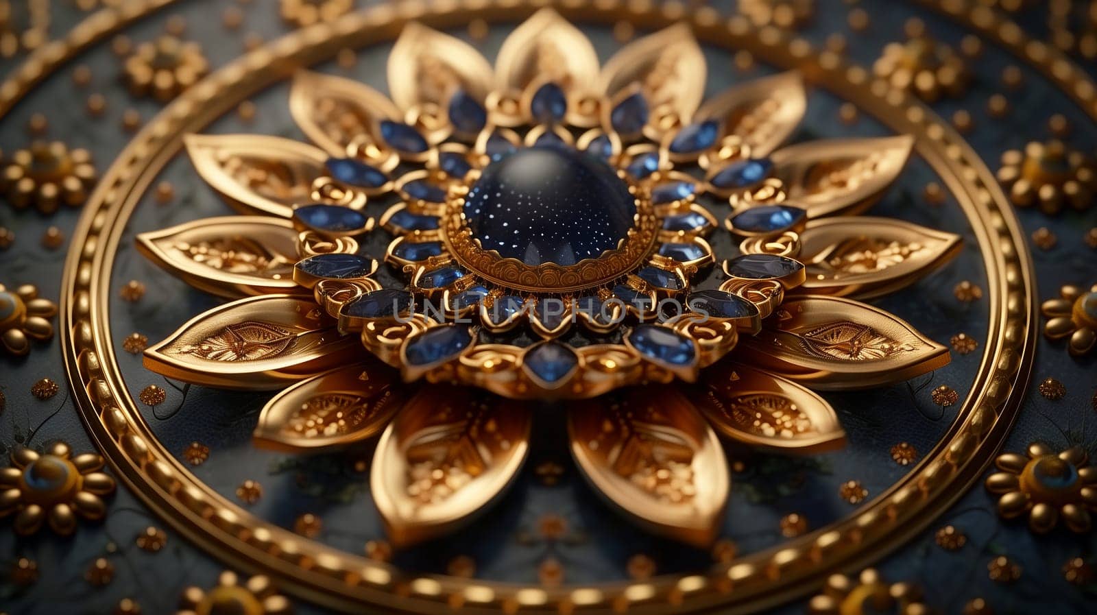 A closeup shot showcasing a gold flower ornament with blue stones on a black background, highlighting the intricate metalwork and symmetrical pattern of the jewelry piece