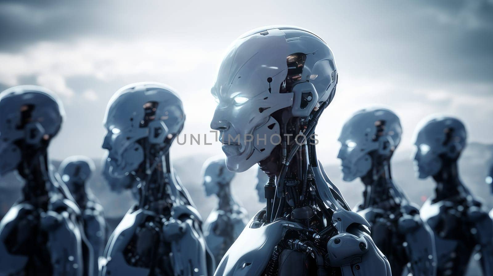 A large number of identical robots with artificial intelligence and future technologies. Internet and digital technologies. Global network. Integrating technology and human interaction. Digital technologies