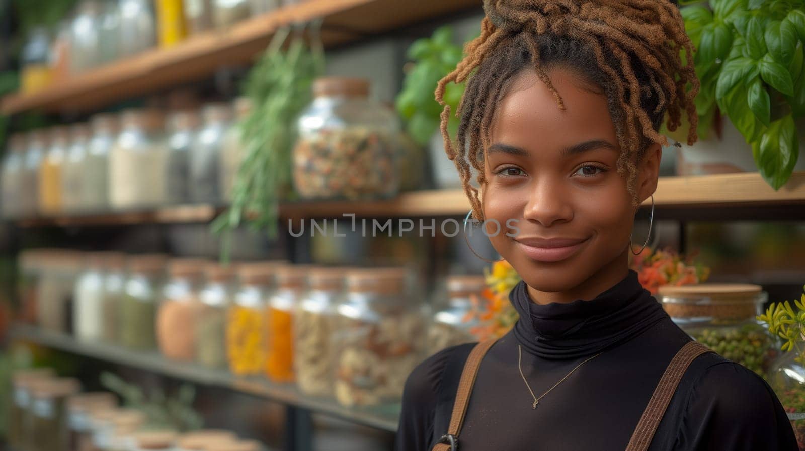 A happy customer with dreadlocks is smiling in front of a shelf filled with jars of spices at a retail store. Surrounded by natural foods and whole food products