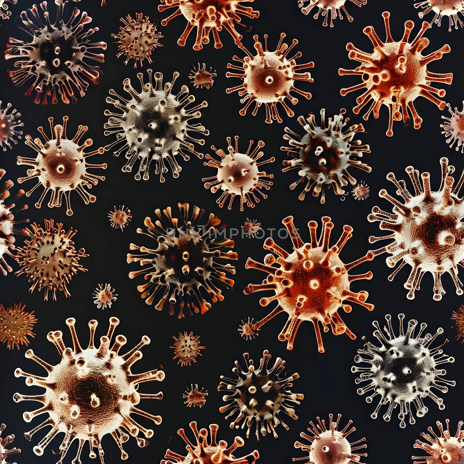 Seamless texture and background of microscopic view of coronaviruses. Neural network generated in January 2024. Not based on any actual scene or pattern.
