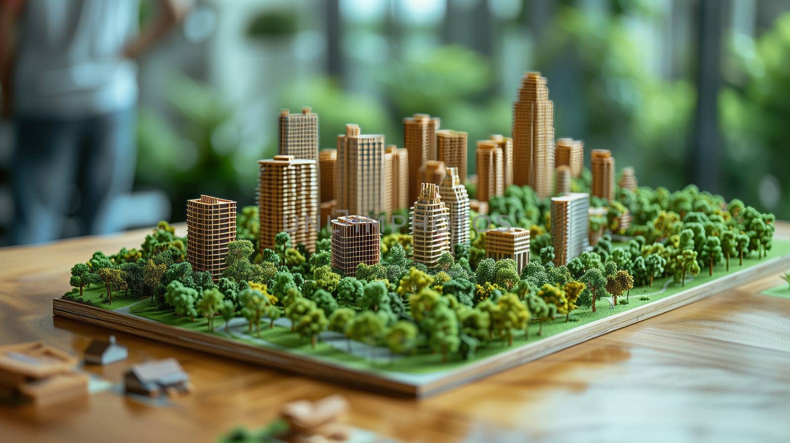 A wooden city model sits on a table surrounded by trees, showcasing a blend of urban design and natural landscape with skyscrapers and houses