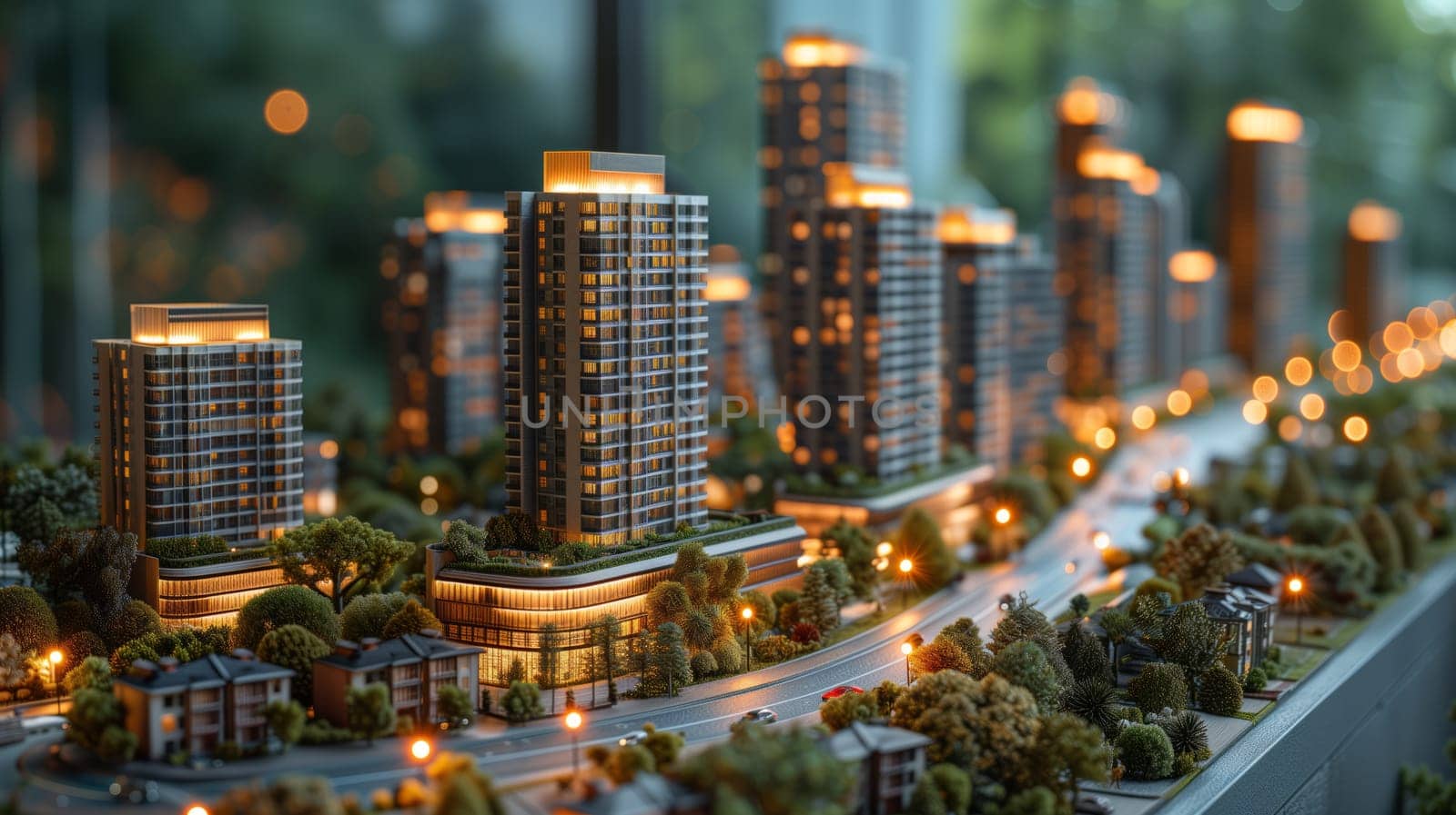 An architectural model of an urban city with a mix of skyscrapers and residential buildings, surrounded by lush landscapes and trees