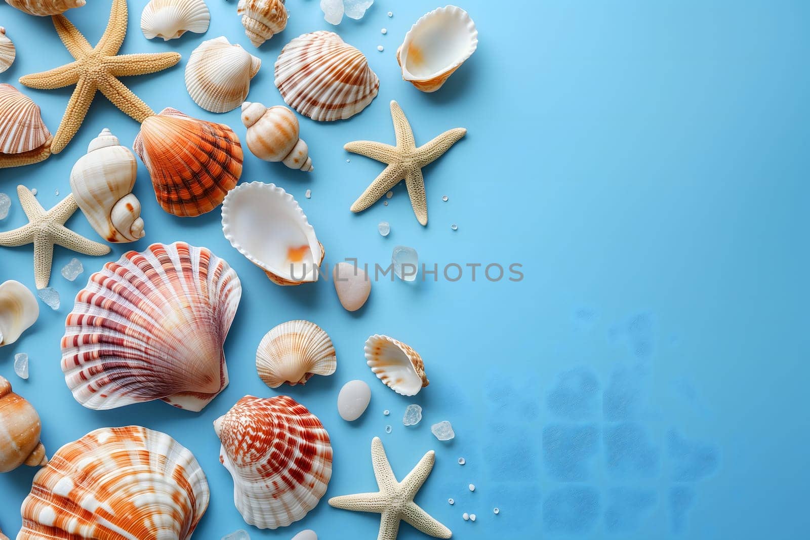 Seashells, pebbles, mockup on blue background. Blank, top view, still life, flat lay. Sea vacation travel concept tourism and resorts. Summer holidays. Neural network generated in January 2024. Not based on any actual scene or pattern.