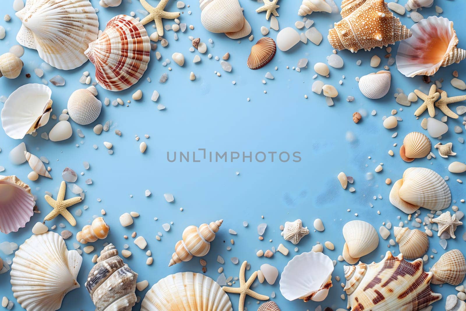 Seashells, pebbles, mockup on blue background. Blank, top view, still life, flat lay. Sea vacation travel concept tourism and resorts. Summer holidays. Neural network generated in January 2024. Not based on any actual scene or pattern.