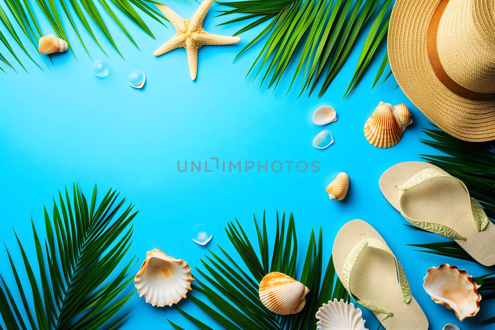 Hat, flip-flops, palm tree leaves on blue background. Blank, top view, still life, flat lay. Sea vacation travel concept tourism and resorts. Summer holidays. by z1b