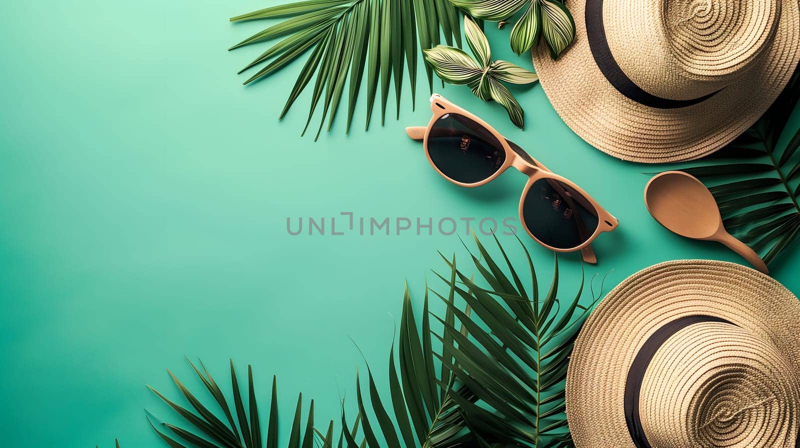 Hats, sunglasses, palm tree leaves on blue background. Blank, top view, still life, flat lay. Sea vacation travel concept tourism and resorts. Summer holidays. by z1b