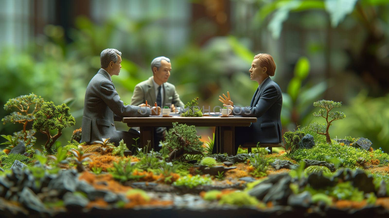 Architectural model of group of friends is gathered around a wooden table in the middle of the forest, surrounded by lush plant life and grass, enjoying leisure and sharing good times in nature